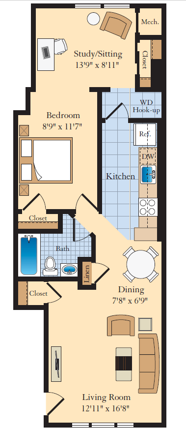 1 bed 1 bath A1 Floor Plan at The Fields of Bethesda, Chevy Chase